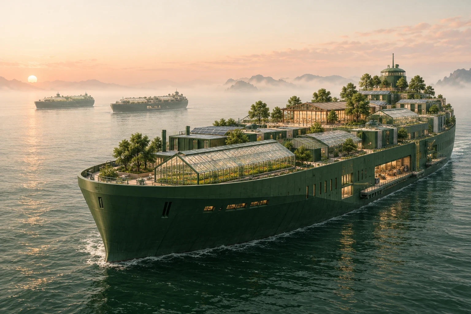 Original concept artwork of a green ark carrying workshops, greenhouses, and solar roofs, with smaller vessels on the horizon.